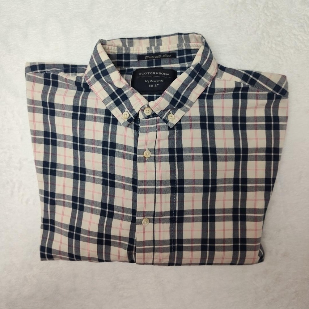Scotch & Soda Shirt Mens Large Blue Pink Plaid Long Sleeve Button Down Cotton